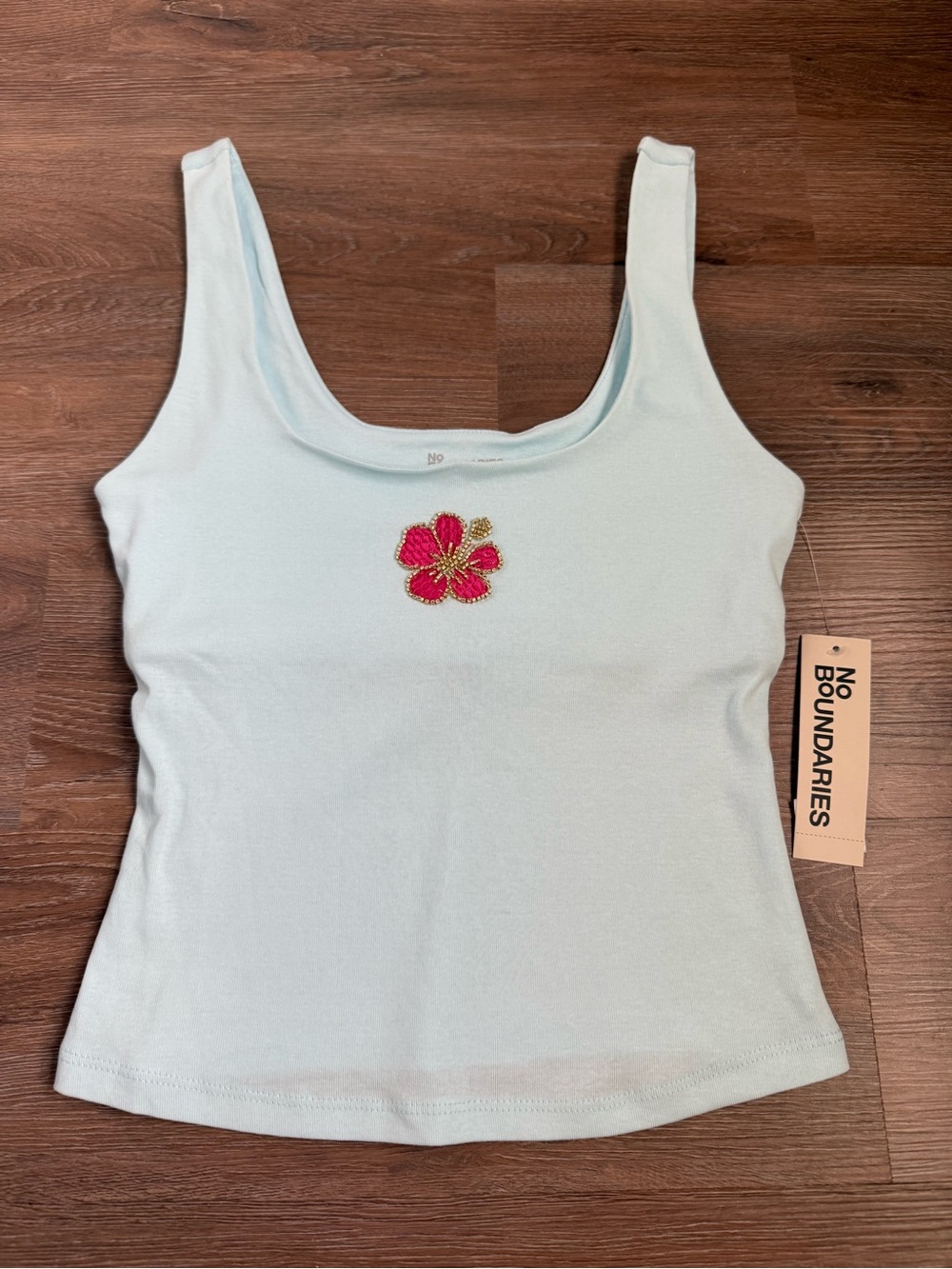 No Boundaries Light Blue Tank Top with Pink Flower Embroidery